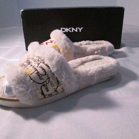 DKNY Gold Logo Furry Bevan Flat Slides NIB Sz 6 - Picture 5 of 8